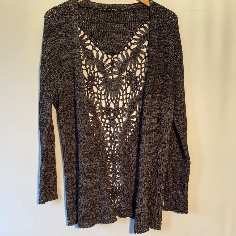 Black Tape_ Charcoal Open-Front Crochet-Panel Cardigan